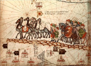 Marco Polo recorriendo la ruta de la seda - ilustración del Atlas Catalán, cerca de 1375 DC