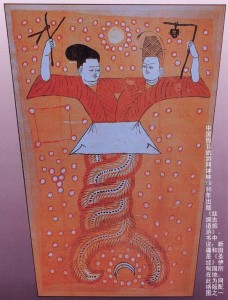 Fuxi y Nuwa, la pareja forjadora china, seda de Astana, Tulufan - créditos: museo de Urumqi, Xinjiang, China
